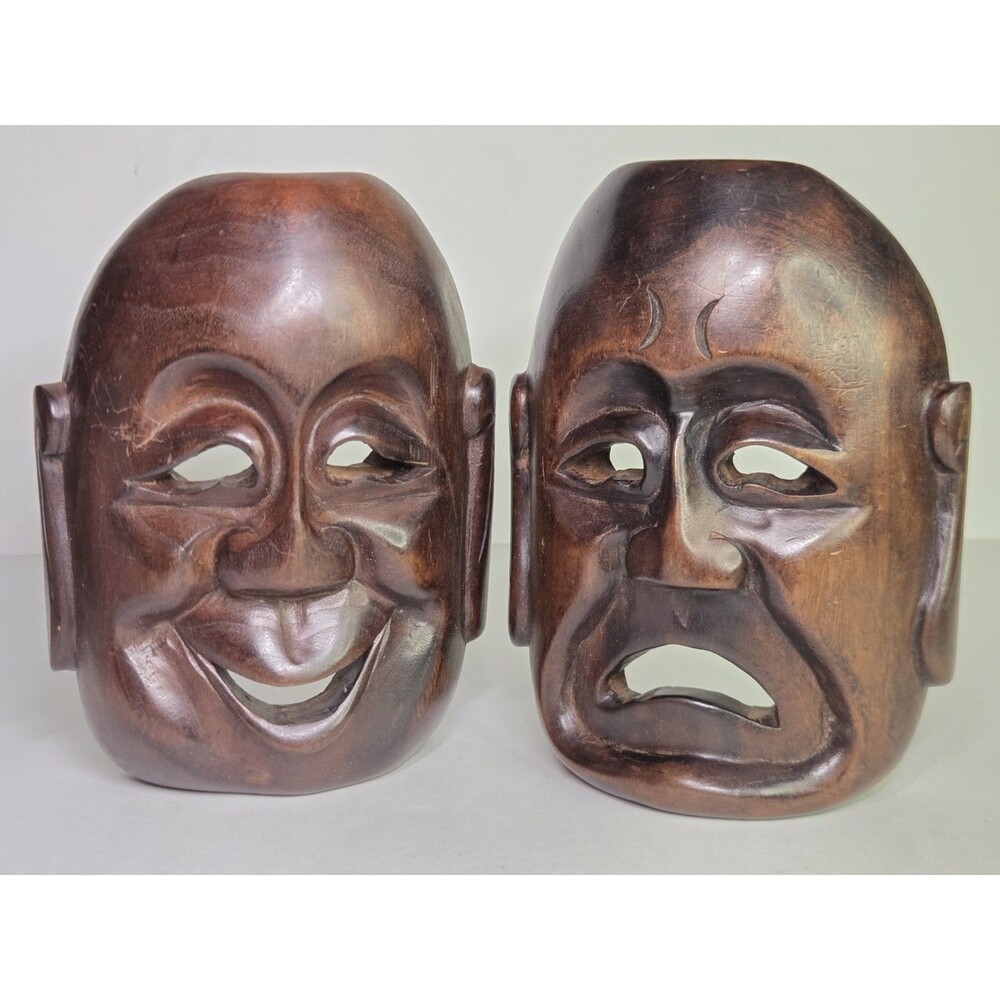 Pair Of Japanese Noh Theatre Masks Carved Wood Kagura Tragedy Omote Faces 8"
